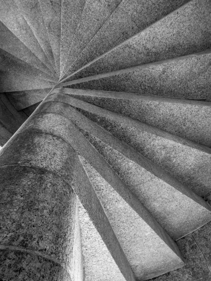 Looking at the underside of a granite spiral staircase at Ft Knox State Park