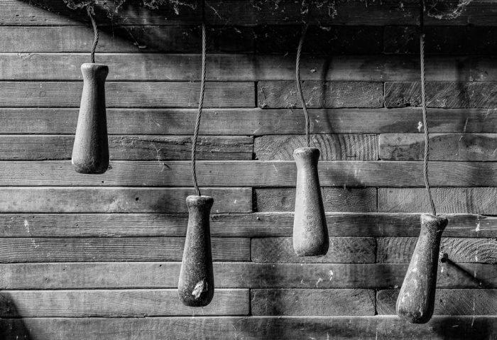 Four handles hang in aabandoned grainelevator in Willow City, ND